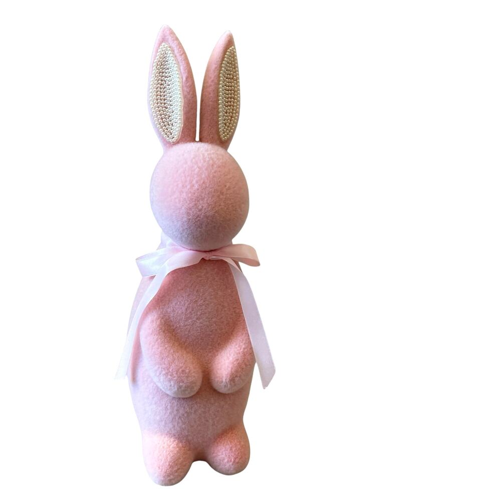 SPRING GATHERINGS 15in Pink Flocked Bunny With Faux Pearl Ears & Ribbon New